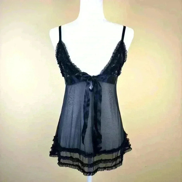 Frederick's of Hollywood Other - Fredericks Hollywood Black Sheer Lace Plunging Babydoll Chemise Lingerie Size S